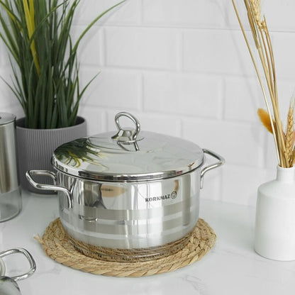 Korkmaz Astra Stainless Steel Stock Pot with Lid - Induction Compatible, Made In Turkey