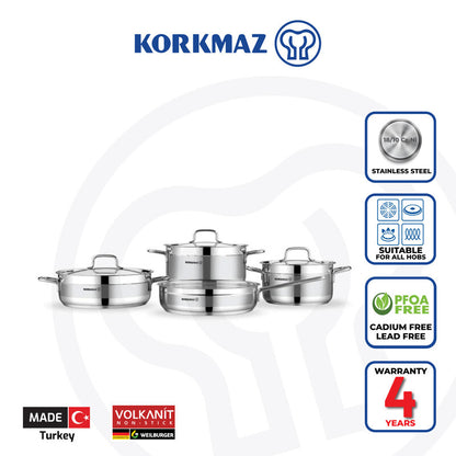 Korkmaz Alfaron 7 Piece Stainless Steel Cookware Set A1954| Industion Compatible Pots and Pans - Made in Turkey