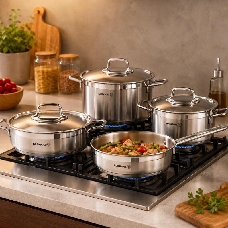 Korkmaz Alfaron 7-Piece 18/10 Stainless Steel Cookware Set, Induction Compatible