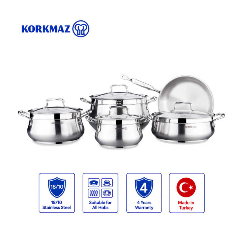 Korkmaz Estima 9-Piece Stainless Steel Cookware Set with Pots and Frying Pan