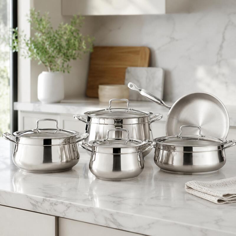Korkmaz Estima 9-Piece Stainless Steel Cookware Set with Pots and Frying Pan