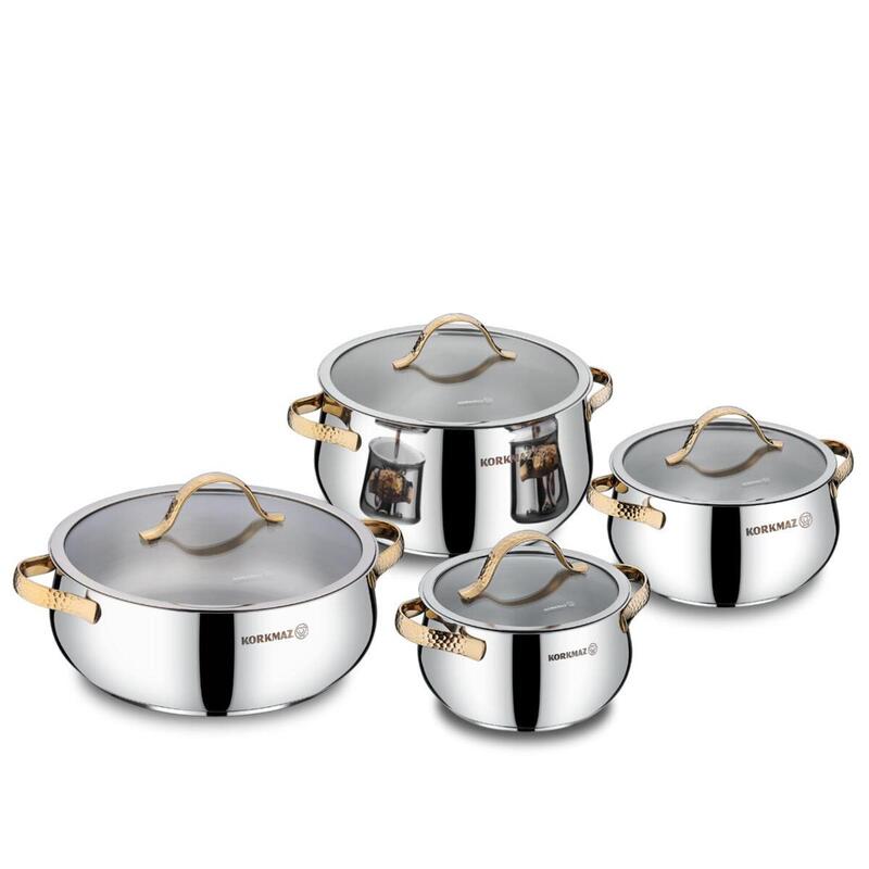 Korkmaz Samara Stainless Steel Cookware Set 8-Piece – Induction Compatible, Durable Cooking Pot Set