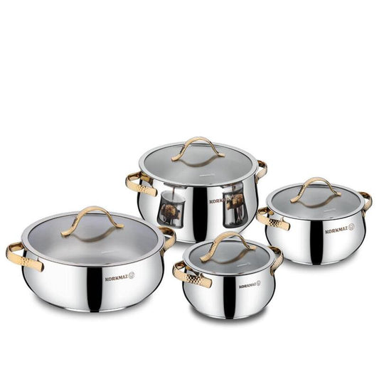 Korkmaz Samara Stainless Steel Cookware Set 8-Piece – Induction Compatible, Durable Cooking Pot Set