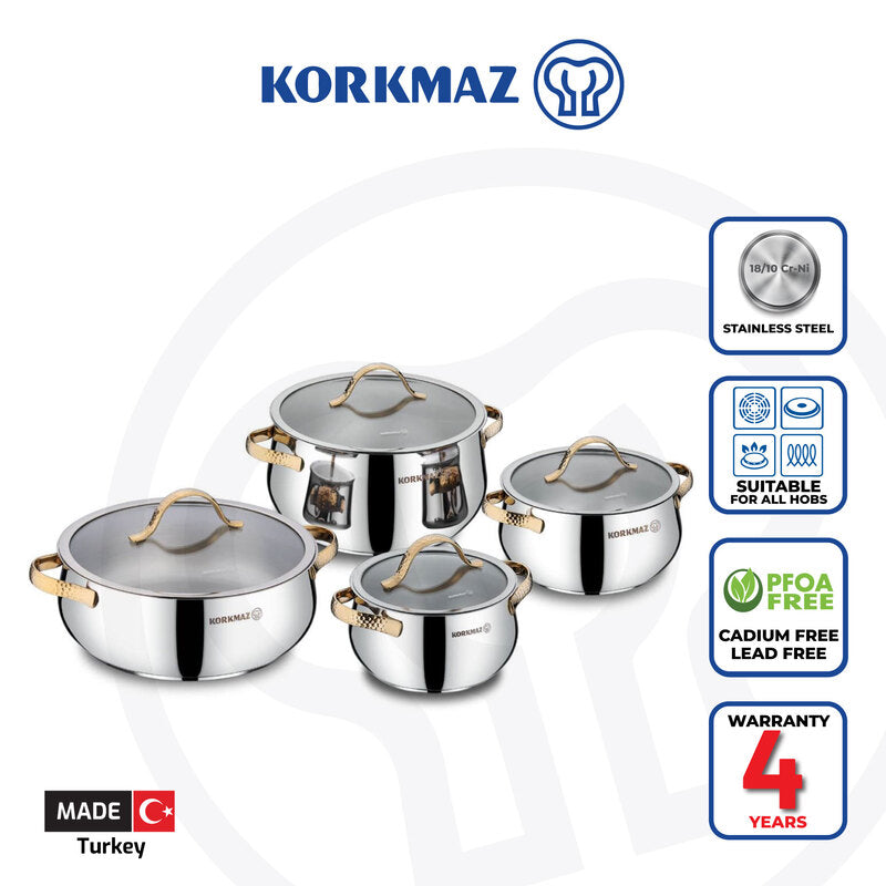 Korkmaz Samara Stainless Steel Cookware Set 8-Piece – Induction Compatible, Durable Cooking Pot Set
