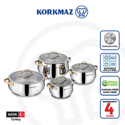 Korkmaz Samara Stainless Steel Cookware Set 8-Piece – Induction Compatible, Durable Cooking Pot Set