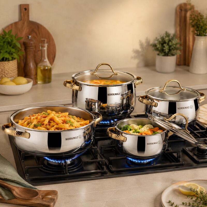 Korkmaz Samara Gold 8-Piece 18/10 Stainless Steel Cookware Set, Induction Compatible