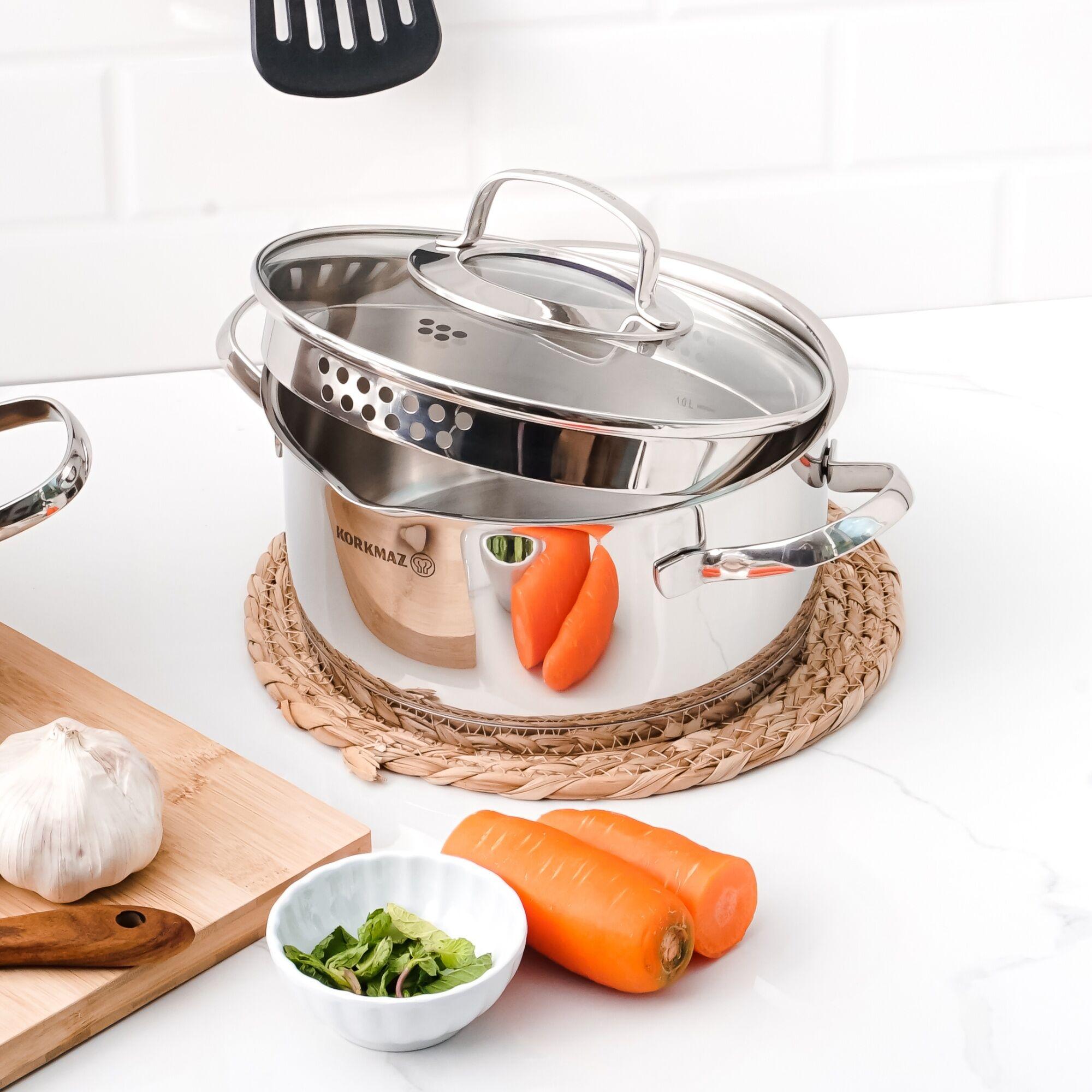 Korkmaz Steama Stainless Steel Stock Pot (Soup Pot) , Induction Compatible, Made in Turkey