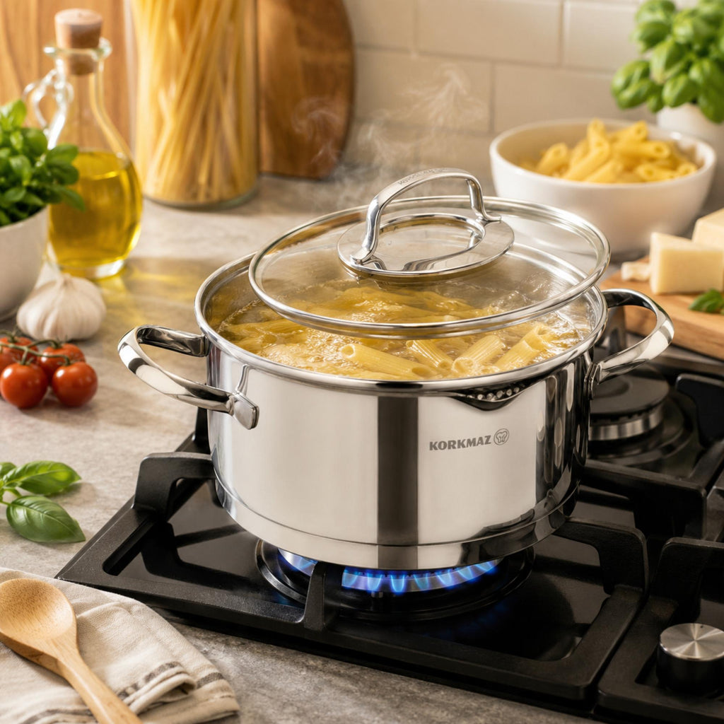 Korkmaz Steama Stainless Steel Stock Pot (Soup Pot) , Induction Compatible, Made in Turkey