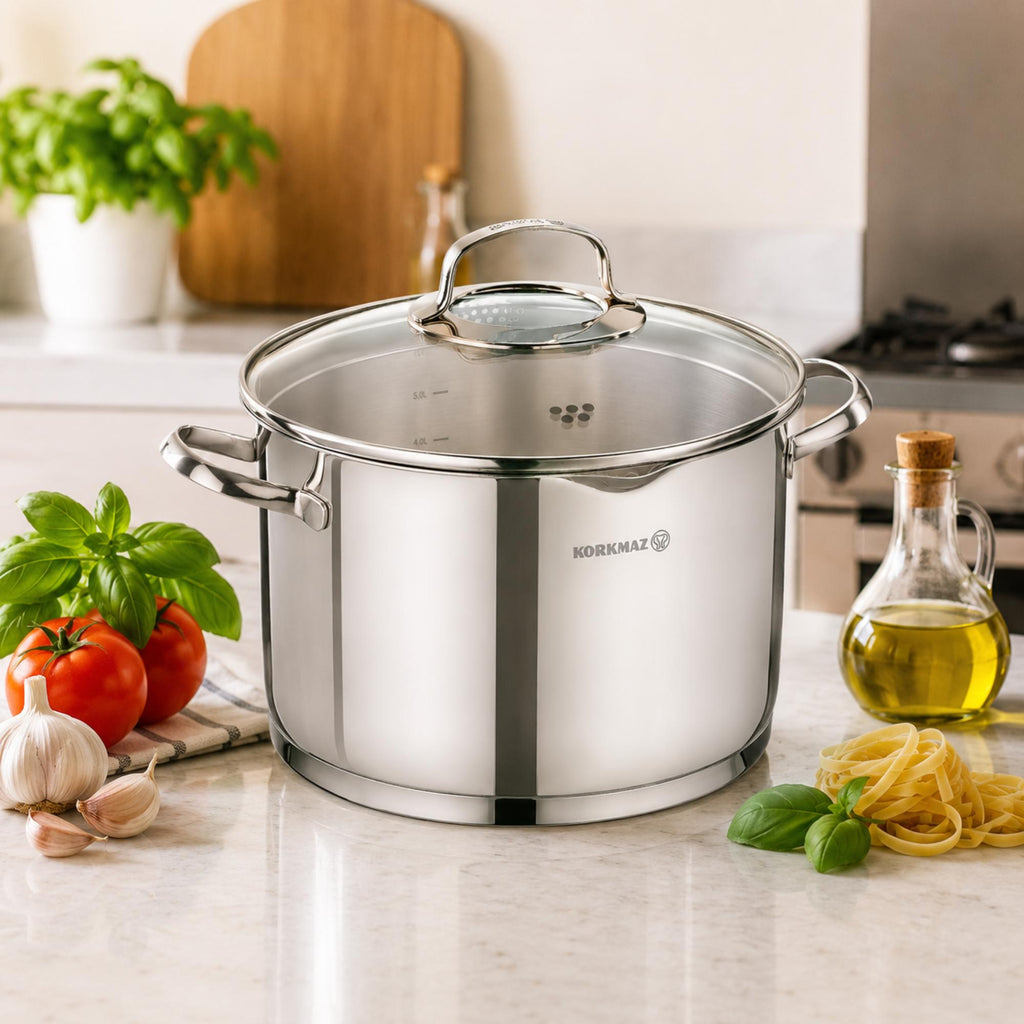 Korkmaz Steama Stainless Steel Stock Pot (Soup Pot) , Induction Compatible, Made in Turkey