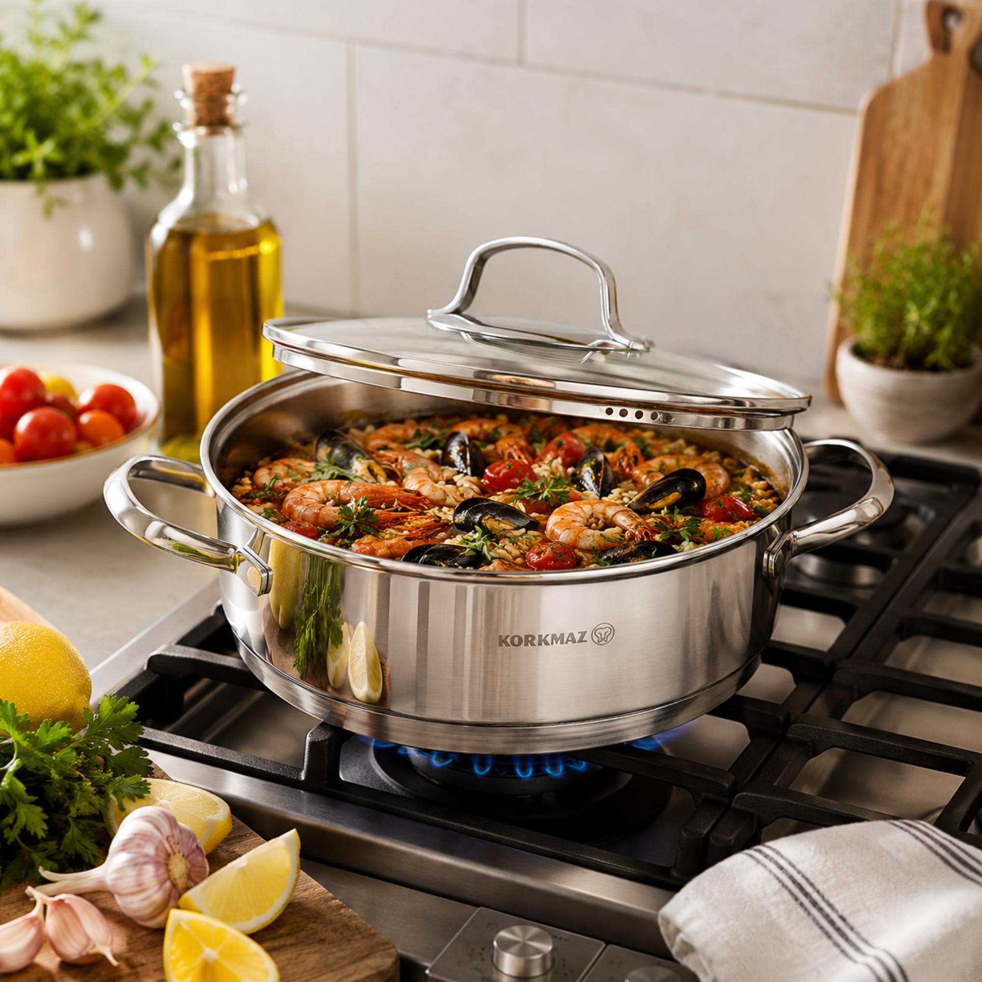 Korkmaz Steama Stainless Steel Stock Pot (Soup Pot) , Induction Compatible, Made in Turkey