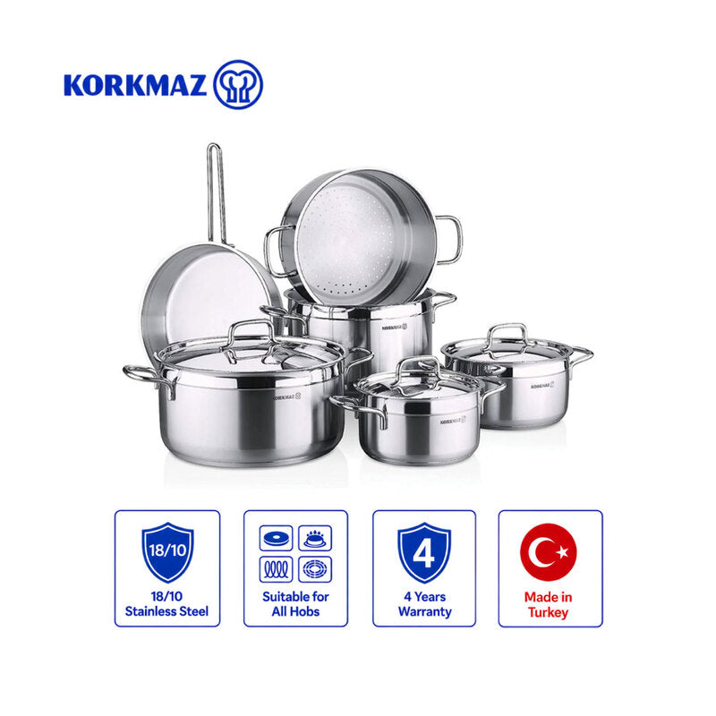 Korkmaz Alfa Plus 10-Piece 18/10 Stainless Steel Cookware Set with Steamer & Frying Pan
