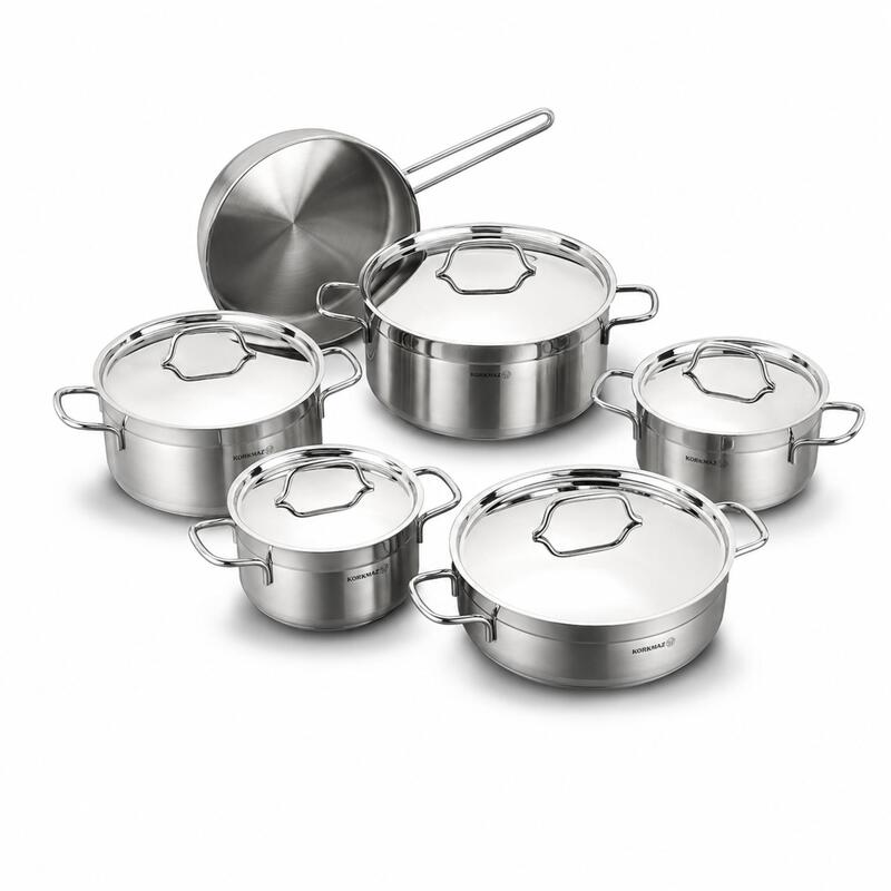 Korkmaz Alfa Plus 10-Piece 18/10 Stainless Steel Cookware Set with Steamer & Frying Pan