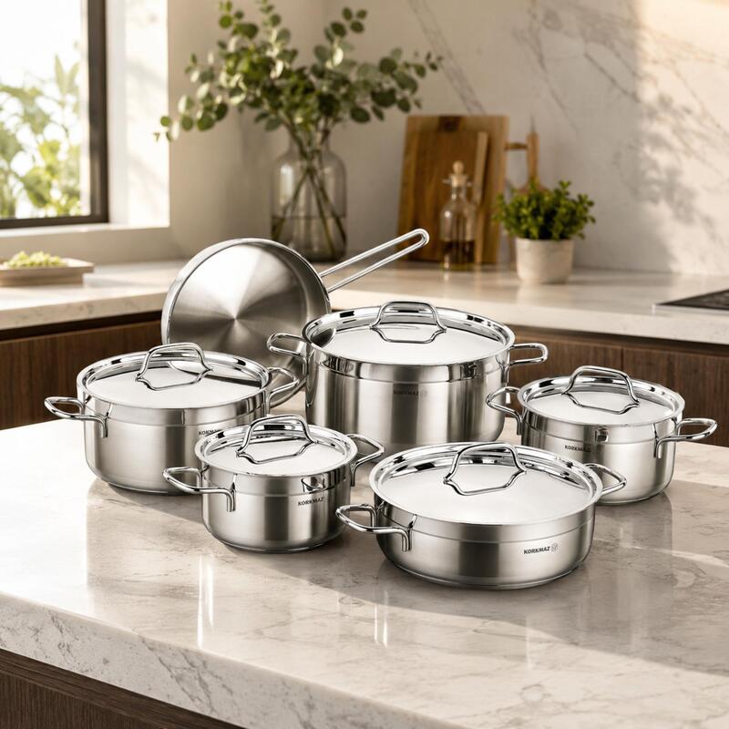 Korkmaz Alfa Plus 10-Piece 18/10 Stainless Steel Cookware Set with Steamer & Frying Pan