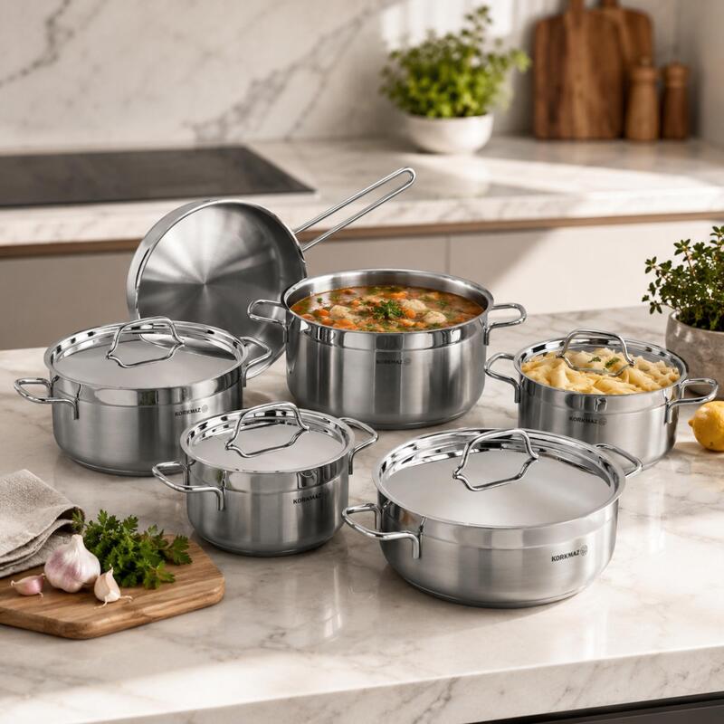 Korkmaz Alfa Plus 10-Piece 18/10 Stainless Steel Cookware Set with Steamer & Frying Pan