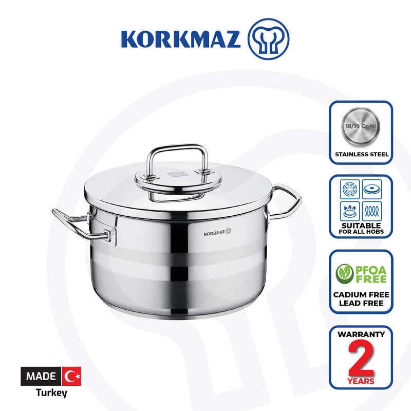 Korkmaz Astra2 Stainless Steel Cooking Pot with Lid - Induction Compatible, Made In Turkey