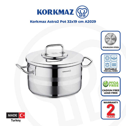 Korkmaz Astra2 Stainless Steel Cooking Pot with Lid - Induction Compatible, Made In Turkey