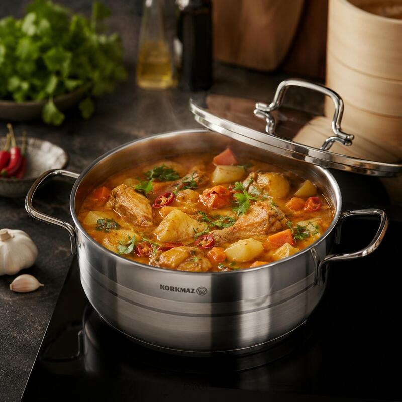 Korkmaz Astra2 24cm Stainless Steel Casserole Pot, 3.5L Induction Cooking Pot with Lid