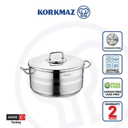 Korkmaz Astra2 Stainless Steel Cooking Pot with Lid -Made in Turkey, Induction Compatible
