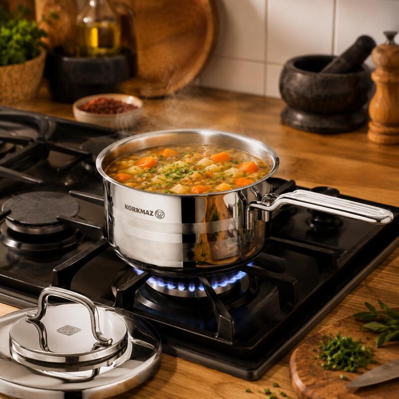 Korkmaz Astra2 18/10 Stainless Steel Saucepan with Lid 16cm 1.8L, Induction Compatible