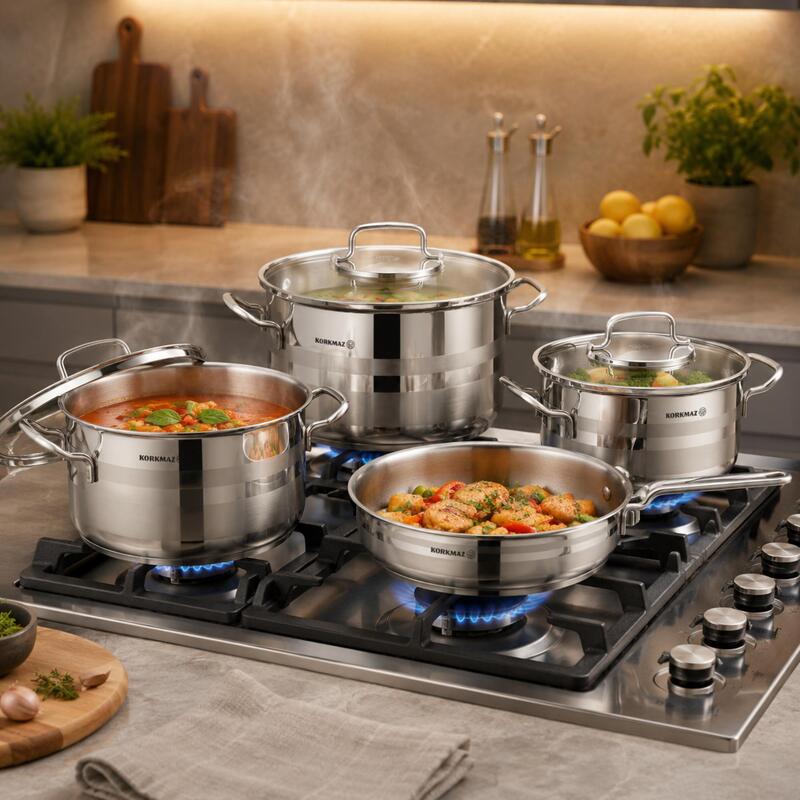 Korkmaz Astron 7-Piece 18/10 Stainless Steel Cookware Set, Induction Compatible