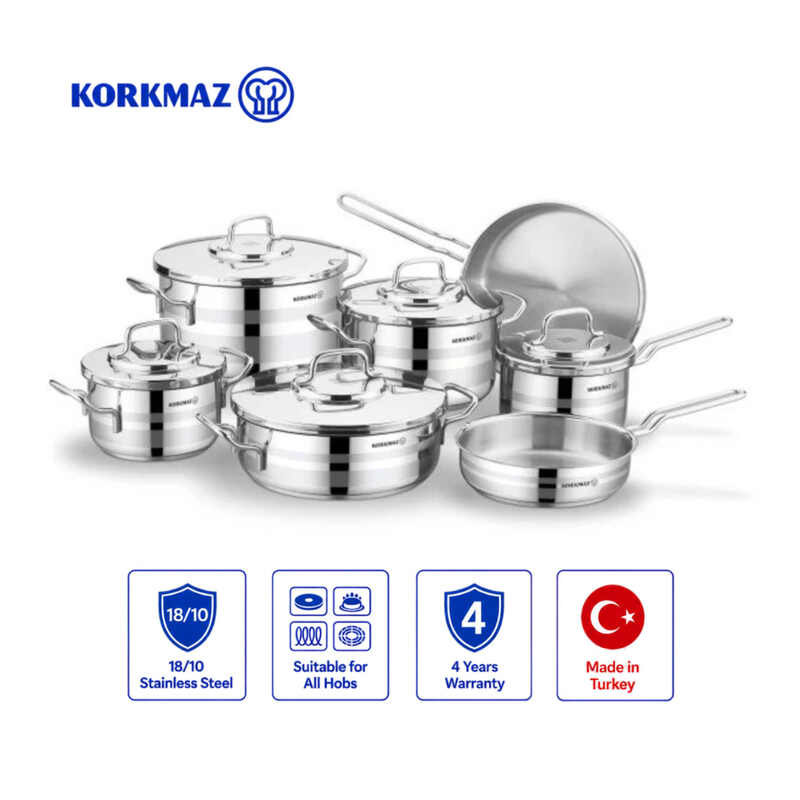 Korkmaz Astron 12-Piece Stainless Steel Cookware Set Induction Compatible