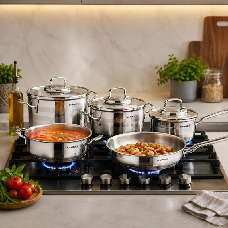 Korkmaz Astron 12-Piece 18/10 Stainless Steel Cookware Set with 2 Frying Pans, Induction Compatible