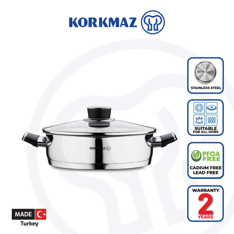 Korkmaz Pera Stainless Steel Cooking Pot with Glass Lid - Made in Turkey, Induction Compatible