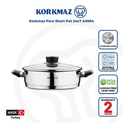 Korkmaz Pera Stainless Steel Cooking Pot with Glass Lid - Made in Turkey, Induction Compatible