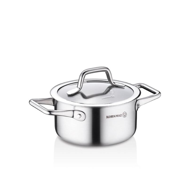 Korkmaz Tria Stainless Steel Pot with Glass Lid – 16cm 1.8L