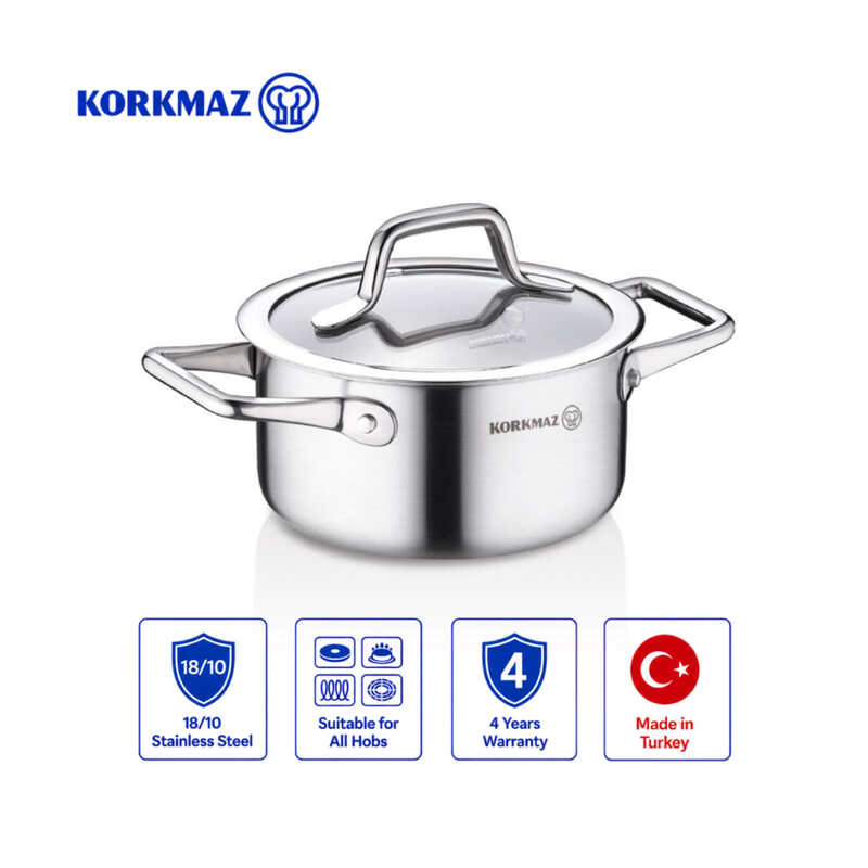 Korkmaz Tria Stainless Steel Pot with Glass Lid – 16cm 1.8L