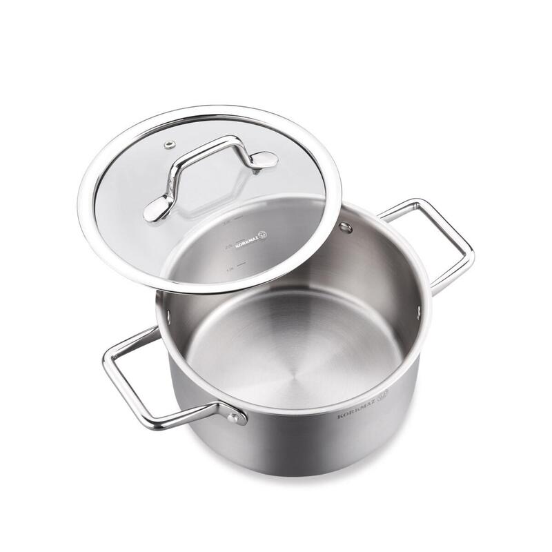 Korkmaz Tria Stainless Steel Pot with Glass Lid – 16cm 1.8L