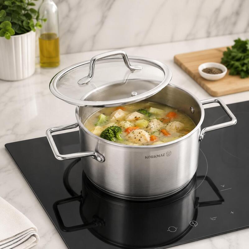 Korkmaz Tria Stainless Steel Pot with Glass Lid – 16cm 1.8L