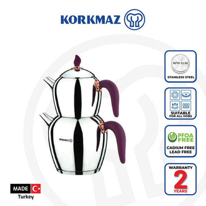 Korkmaz Sehnaz Claret Red Premium Quality Stainless Steel Teapot Set - Made in Turkey