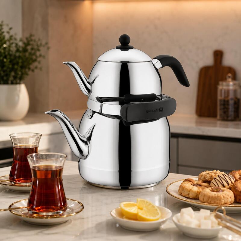 Korkmaz Ornella 18/10 Stainless Steel Turkish Teapot Set 1.3L + 3.5L, Induction Compatible