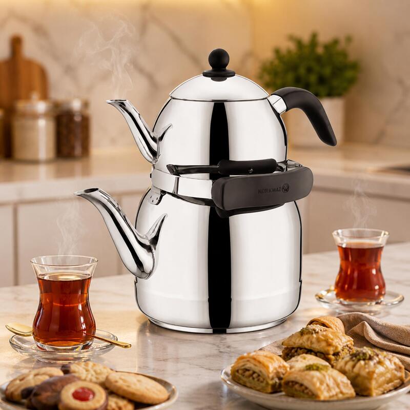 Korkmaz Ornella 18/10 Stainless Steel Turkish Teapot Set 1.3L + 3.5L, Induction Compatible