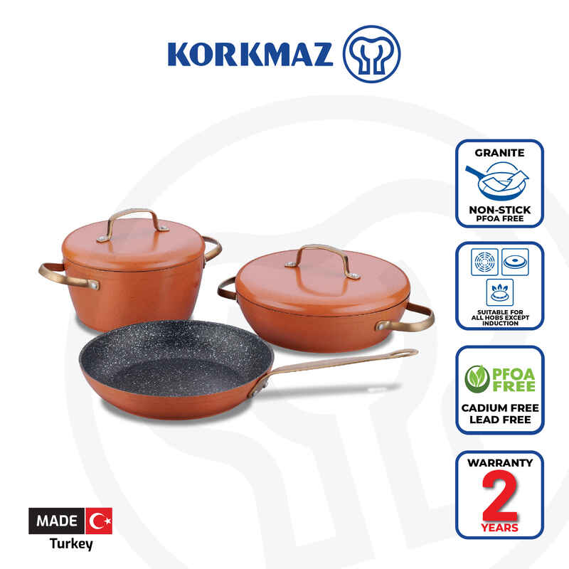 Korkmaz Vintage Pots and Pans Set Nonstick, Green Granite Kitchen Cookware Sets, 5 Pcs Non Stick Cooking Set w/ Frying Pans & Casserole (PFOS , PFOA Free)