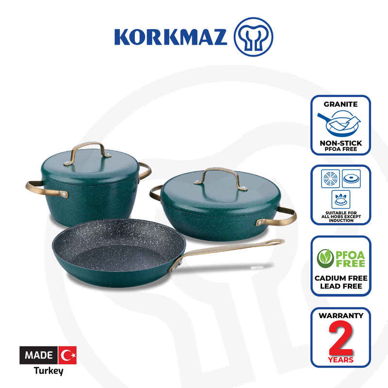 Korkmaz Vintage Pots and Pans Set Nonstick, Green Granite Kitchen Cookware Sets, 5 Pcs Non Stick Cooking Set w/ Frying Pans & Casserole (PFOS , PFOA Free)