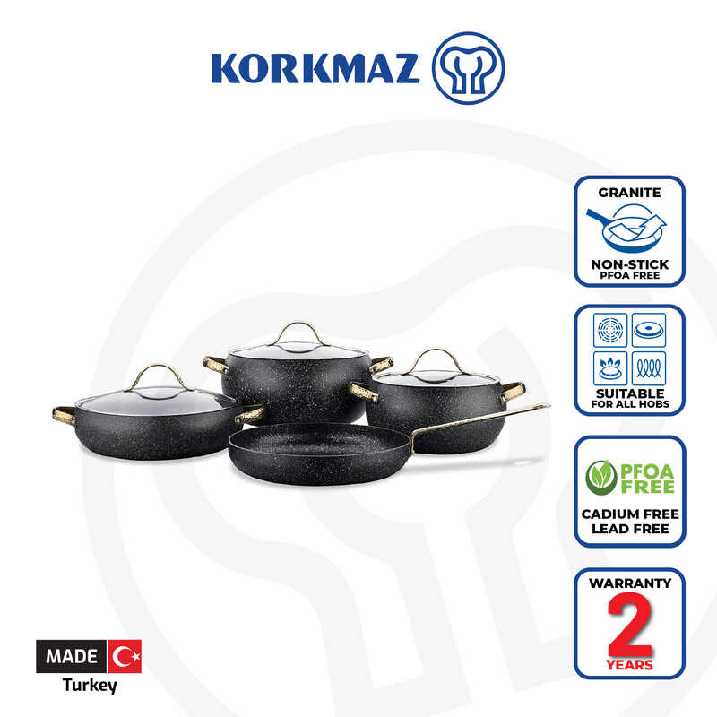 Korkmaz Berilla 7-Piece Non Stick Cookware Set with Glass Lid - Induction Compatible, PFOA Free, Made In Turkey