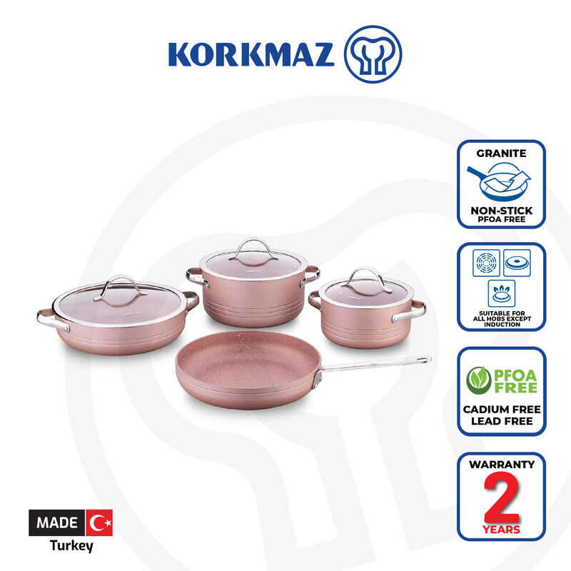 Korkmaz Linea Rosagold 7-Piece Non Stick Cookware Set with Glass Lid - Gas Stove Compatible, PFOA Free, Made In Turkey
