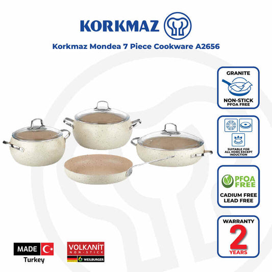 Korkmaz Mondea 7 Piece Non-Stick Cookware Set - Stock Pot Set with Frying Pan, Made in Turkey