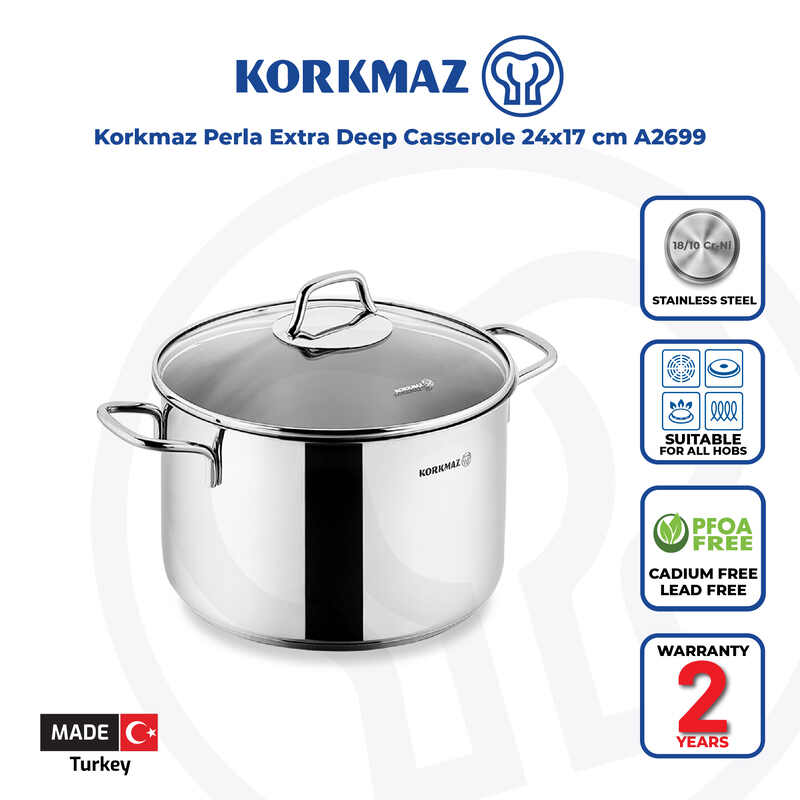 Korkmaz Perla Stainless Steel Stock Pot with Glass Lid - Induction Compatible, Made In Turkey
