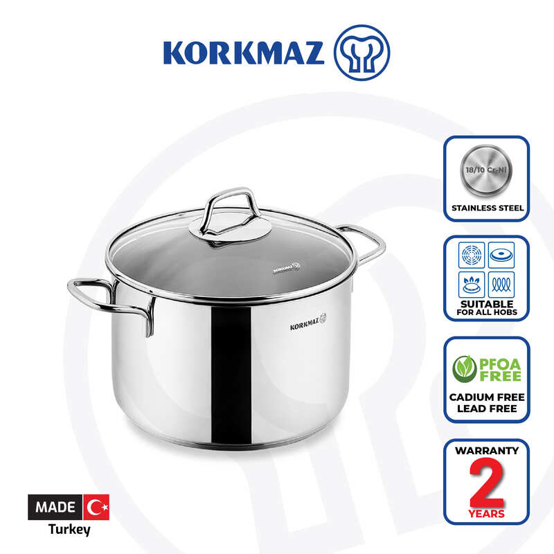 Korkmaz Perla Stainless Steel Stock Pot with Glass Lid - Induction Compatible, Made In Turkey