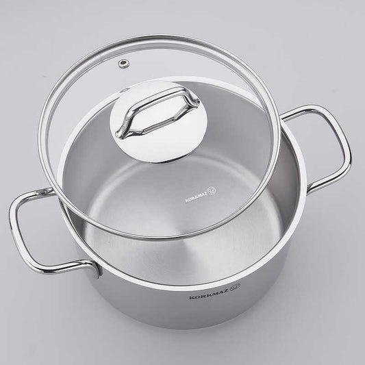 Korkmaz Perla Stainless Steel Stock Pot with Glass Lid - Induction Compatible, Made In Turkey