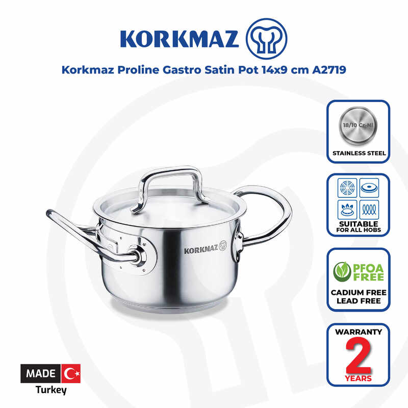 Korkmaz Proline Gastro Satin Stainless Steel Cooking Pot with Lid - Induction Compatible, Made In Turkey