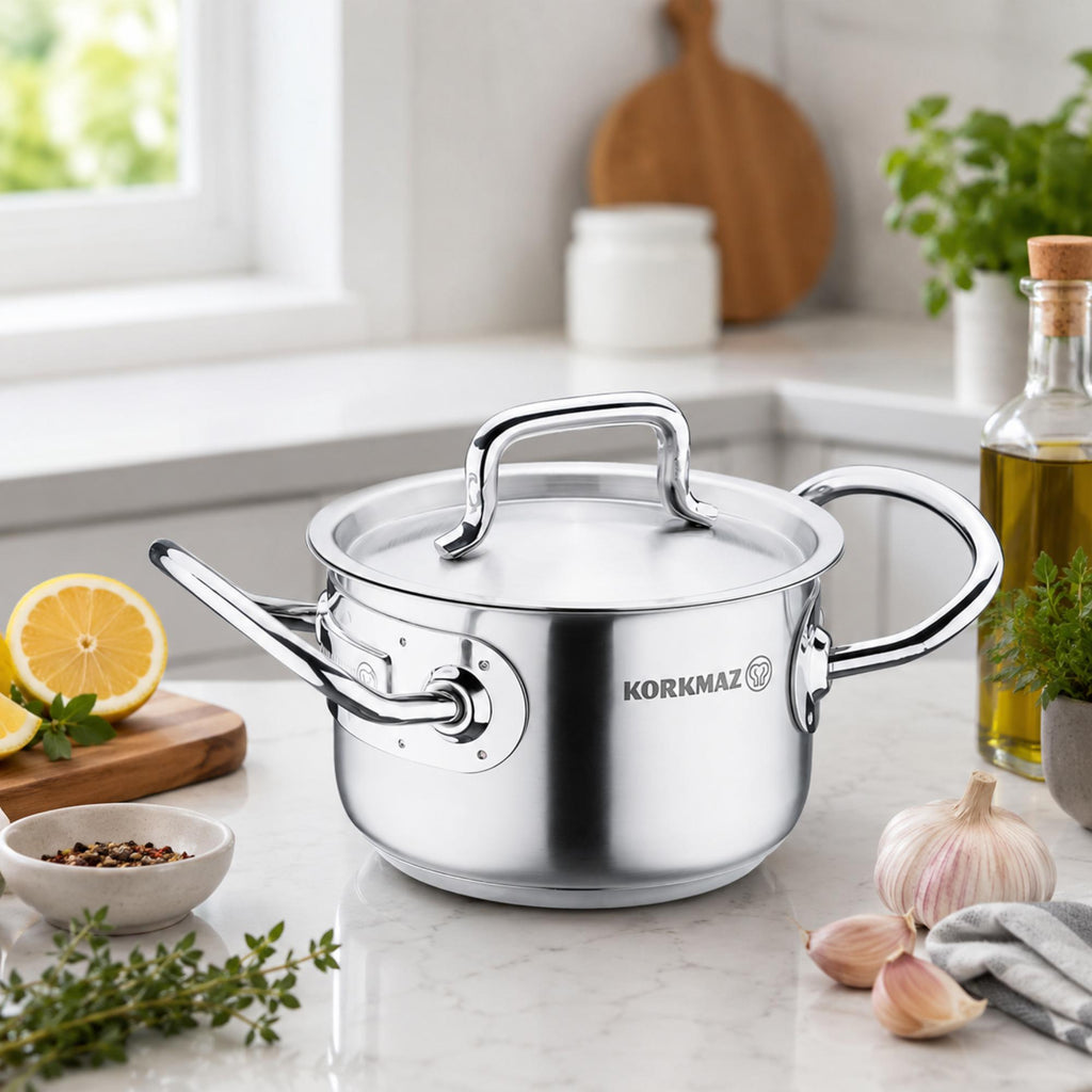 Korkmaz Proline Gastro Satin Stainless Steel Cooking Pot with Lid - Induction Compatible, Made In Turkey