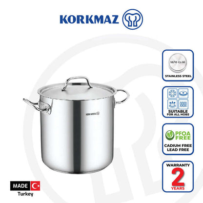 Korkmaz Proline Gastro Stainless Steel Stock Pot (Soup Pot) - Heavy Duty Induction Pot, Made in Turkey
