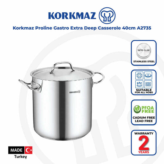 Korkmaz Proline Gastro Stainless Steel Stock Pot (Soup Pot) - Heavy Duty Induction Pot, Made in Turkey