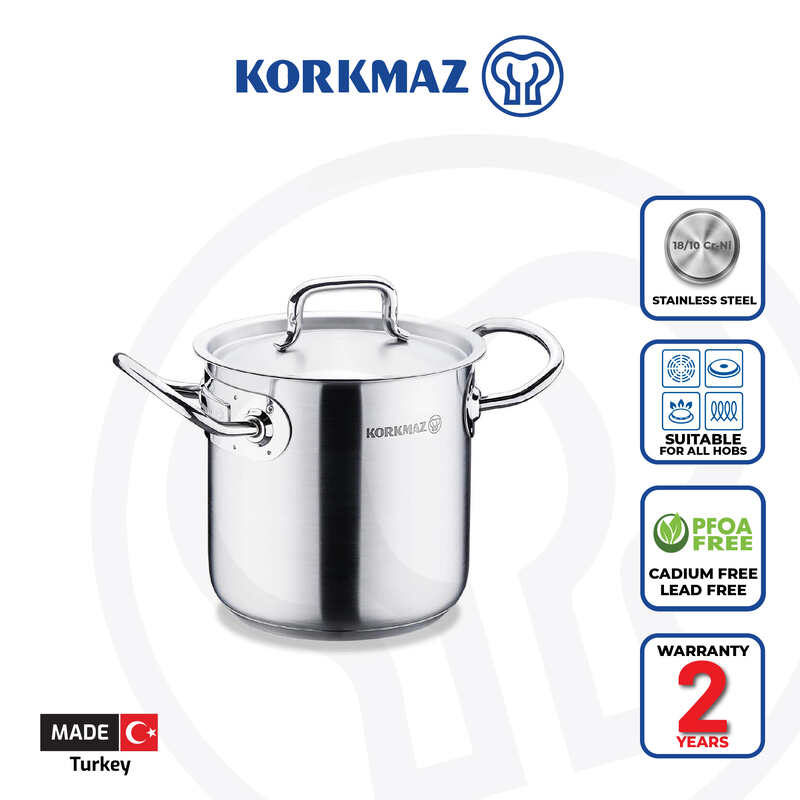 Korkmaz Proline Gastro Satin Stainless Steel Stock Pot with Lid - 14x14cm