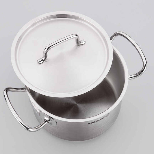Korkmaz Proline Gastro Satin Stainless Steel Stock Pot with Lid - 14x14cm, Induction Compatible, Made In Turkey