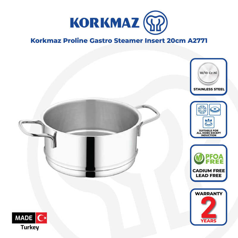 Korkmaz Proline Satin Stainless Steel Steamer Basket Insert - 20x10 cm, Made in Turkey